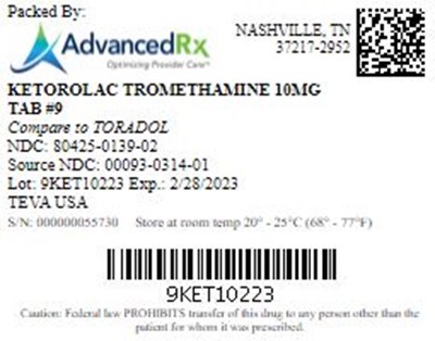 Ketorolac Tromethamine 10mg Tab Qty 9 Ndc 80425 0139